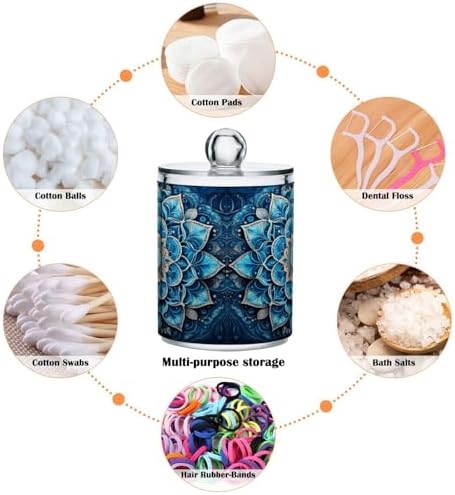 Mandala Pattern Blue Qtip Holder 2 Pack - 10 Oz Clear Plastic Apothecary Jar Set for Bathroom Organization - Versatile Canister Storage for Cotton Balls, Swabs, Rounds