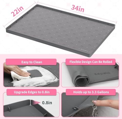 Sdpeia Under Sink Mat 34"×22" Waterproof Silicone Cabinet Liner & Sink Protector for Kitchen & Bathroom, Multi-Purpose Organizers Tray for Pets, Laundry, Cat Litter Mat, Gray (Pack of 3)