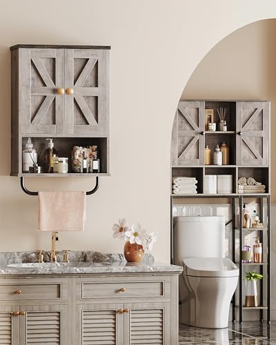 CHOEZON Bathroom Wall Cabinet, Medicine Cabinet with Open Partition and Towel Bar, Rustic Storage Cabinet with Open and Hidden Storage Space, for Bathroom, Living Room, Greige and Charcoal Black