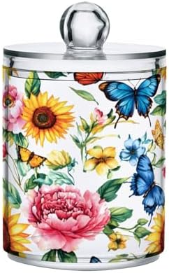 MNSRUU 2 Pack Qtip Holder Organizer Dispenser Sunflowers Peonies and Butterflies Bathroom Storage Canister Cotton Ball Holder Bathroom Containers for Cotton Swabs/Pads/Floss