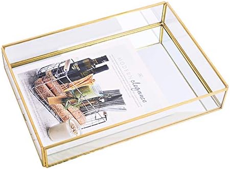 Sooyee Gold Rectangle Mirror Tray, Metal and Glass Fragrance Tray, 12"x8"