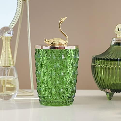 Fashion Luxury Glass Swan Shape Q-Tip and Cotton Ball Swab Holder Toothpick Holder Container Dispenser Organizer with Lid for Bathroom Kitchen (Green)