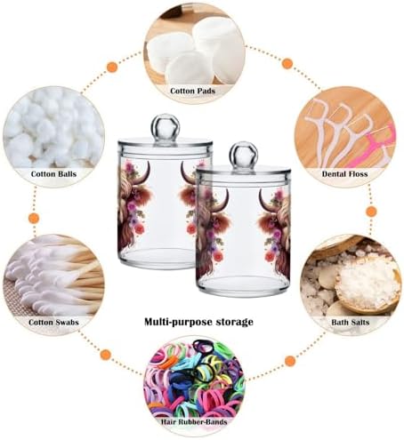 MNSRUU 4 Pack Qtip Holder Organizer Dispenser Highland Cow Pink Bathroom Storage Canister Cotton Ball Holder Bathroom Containers for Cotton Swabs/Pads/Floss