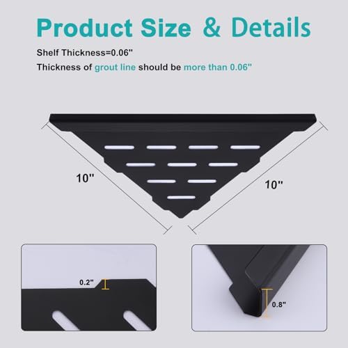 10" Corner Shower Shelf, 1-Pack Bathroom Shelves for Tile Walls, SUS304 Stainless Steel Recessed Shower Shelf, Grout in Corner Organizer Shelves, Matte Black