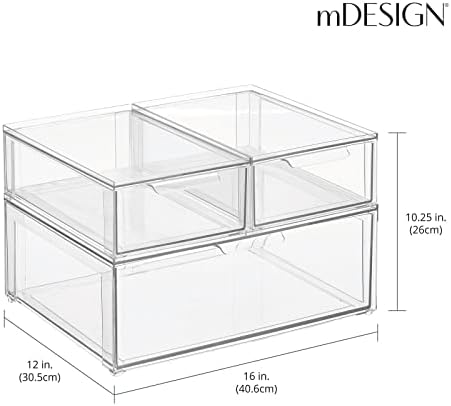 mDesign Plastic Stackable Bathroom Storage Organizer Bin Containers with Front Pull Drawer for Bathroom Countertop, Vanity, Closet Shelves - Holder for Accessories, Lumiere Collection, Set of 3, Clear
