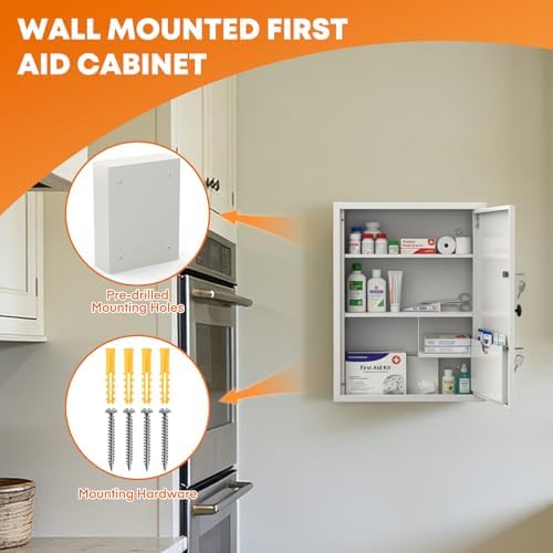 Medicine Cabinet with Dual Key Lock, Wall Mounted First Aid Cabinet, Pill Bottle Organizer Storage for Home Office & School Use 16" W x 6" D x 21" H (White)