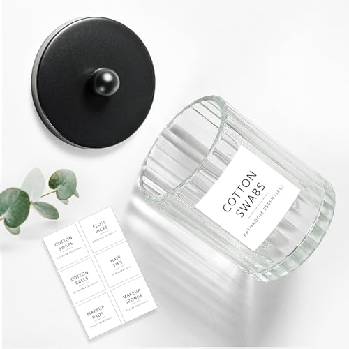 Amolliar Qtip Holder Dispenser, Clear Glass Apothecary Jar (Black 2 Pack)