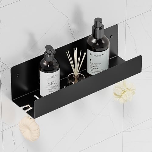 Qeke Shower Caddy, 12" Bathroom Shower Shelf Organizer with 2 Hooks, SUS304 Stainless Steel Floating Shower Shelves with Large Capacity, Rustproof Shower Rack for Inside Shower, Matte Black