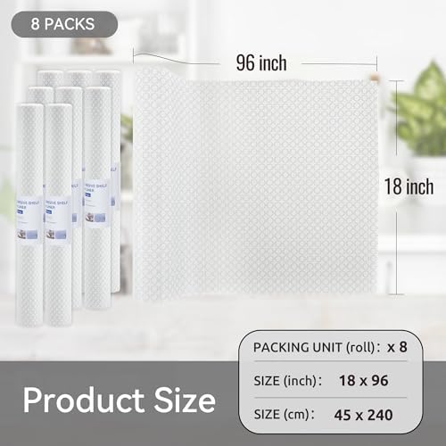FIFTY FEET 18"x96" Non-Adhesive Shelf Liner for Kitchen Cabinets and Drawers, Washable Non-Slip PVC Cabinet Liner (White Circle)(8 Roll)