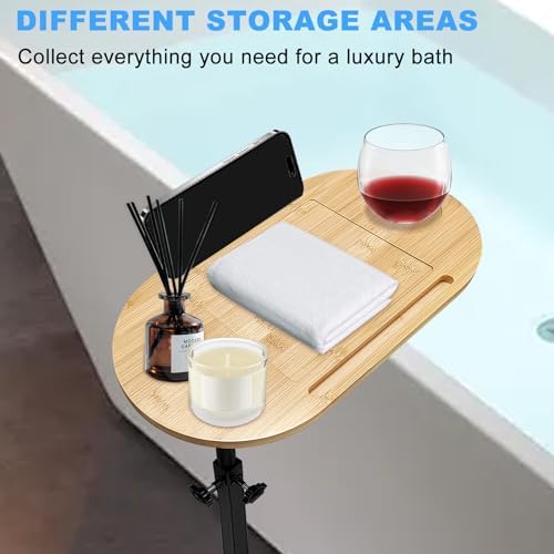 3 Layer Bath Tub Tray Table Liftable Freestanding Bamboo Bath Tray Caddy for Tub Against Wall Shelf Bathroom Organizer Shelf for Luxury Spa (Oval)