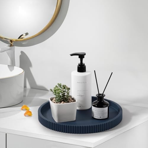 Silicone Bathroom Tray Round Perfume Tray Coffee Table Decor, 10" Dark Blue
