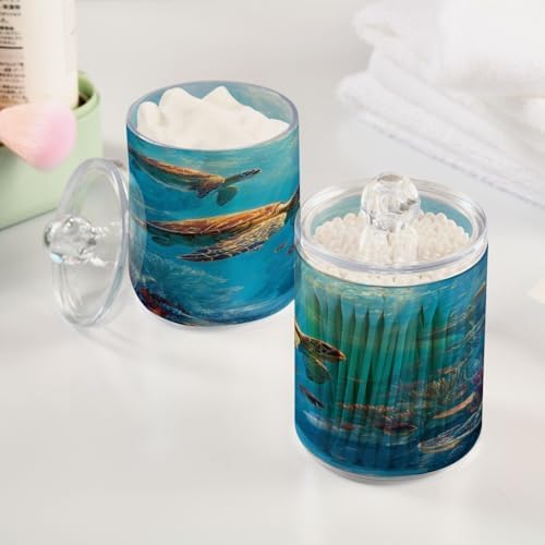 Sea Turtles Qtip Holder Apothecary Jars Bathroom Storage Floss Makeup Organizer for Cotton Ball Swab Acrylic 2 Packs