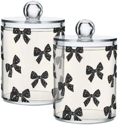 ALAZA Black Bow with Polka Dots 2 Pack Qtip Holder Dispenser for Cotton Swabs, Balls, Pads, Floss 10 oz Plastic Canister Organizer