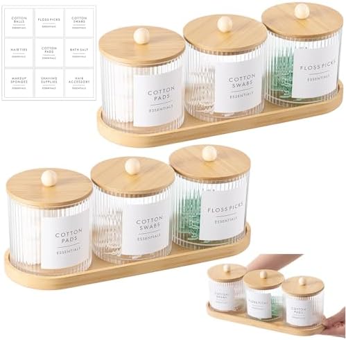 Vesici 6 Pack Bathroom Canisters Ribbed Apothecary Jars with Bamboo Lids 2 Bamboo Trays and 9 Label Stickers Cotton Swabs Holder Bathroom Organizer Storage Set Acrylic 18 oz Dispenser Container(Wood)