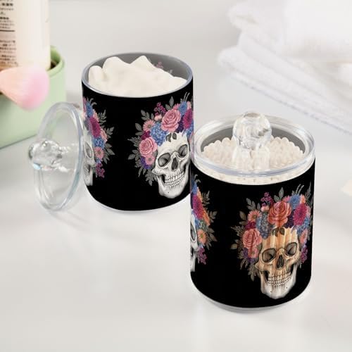MNSRUU 2 Pack Qtip Holder Organizer Dispenser Skull and Flowers Bathroom Storage Canister Cotton Ball Holder Bathroom Containers for Cotton Swabs/Pads/Floss