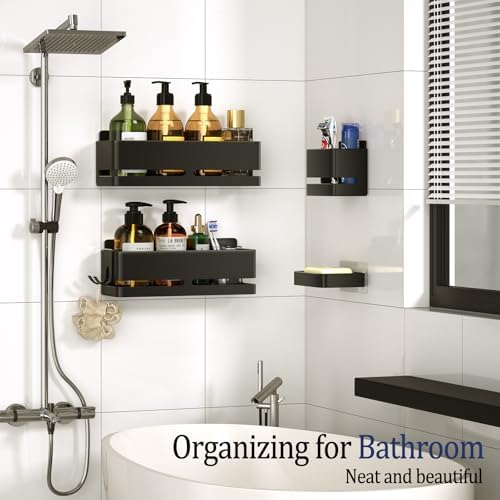 Bathroom Shower Caddy,No Drill Shower Shelves(5-piece Set-Black)