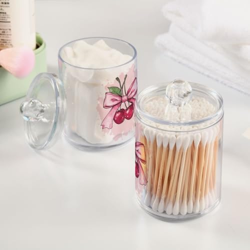 Fustylead 2 Pack Cute Cherry Fruit with Pink Bow Plastic Apothecary Jars with Lid, Bathroom Vanity Storage Organizer Canister for Qtip, Cotton Ball, Swab, Round Pads, Floss