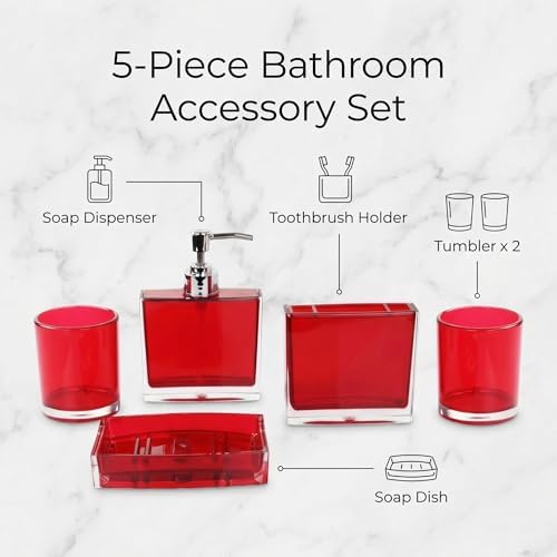Bathroom Accessories Set, Acrylic Bathroom Accessory Set with Soap Dispenser,Soap Dish, Toothbrush Holder, Tumbler, Modern Bathroom Accessories Decor,Gift for Home (Red-5)