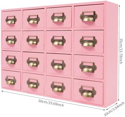 16 Drawers Apothecary Cabinet Library Card Catalog Cabinet Card Catalog Drawer with Metal Handles & Label Slot Wooden Desk Drawer Organizer for Herb Storage, Tea Collection (Pink)