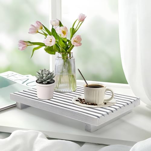 Rustic White Wood Pedestal Stand for Bathroom Tray Kitchen Counter Decor