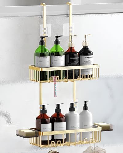Over the Door Shower Caddy Hanging With Double Soap Holder Never Rust Aluminum Shower Shelf With 4 Hooks Hanging Bathroom Organizer No Drilling Shelves for Bathroom Storage Gold