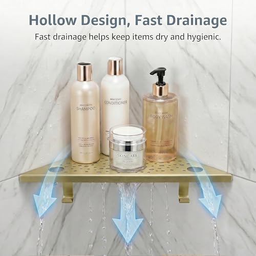 HIDROP Brushed Gold Corner Shower Shelf with Hooks and Razor Holes, 2 Pack
