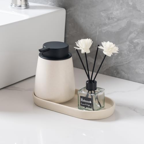 Matte Beige Round Soap Dispenser Tray - 8'' Ceramic Vanity Tray for Bathroom Decorative, Jewelry Ring Dish, Comestic Holder, Kitchen Sink Countertop Organizer Plate