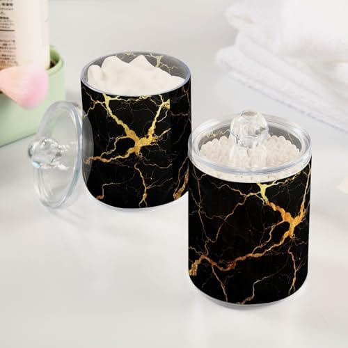 Gredecor Qtip Holder Dispenser 2 Pack Gold Black Marbling Bathroom Decorative Storage Canister Holder Counter Vanity Organizer for Cotton Ball Swabs Pads Floss