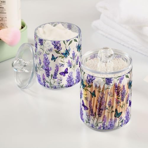 MNSRUU 4 Pack Qtip Holder Organizer Dispenser Butterfly Lavender Bathroom Storage Canister Cotton Ball Holder Bathroom Containers for Cotton Swabs/Pads/Floss