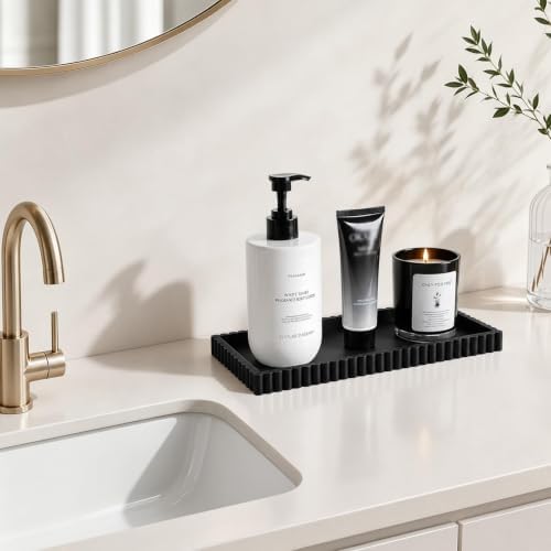 Silicone Bathroom Tray Vanity Tray Kitchen Counter Decor, Medium, Black