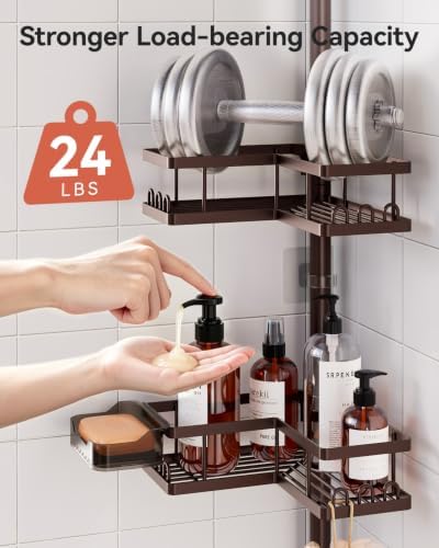 YASONIC Corner Shower Caddy Tension Pole, 25.7-109.1in Adjustable Shower Shelves, Rust-Resistant Shower Organizer, No-Drill 3-Step Installation, Bathroom Shelves for Renters & Family, Bronze