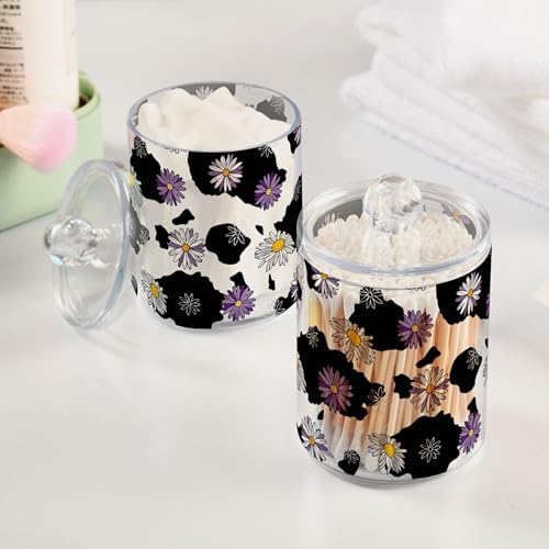 Daisy Flower Cow Print 4 Pack Plastic Qtips Holder Bathroom Organizer Canisters for Cotton Balls/Swabs/Pads/Floss,Plastic Apothecary Jars for Vanity