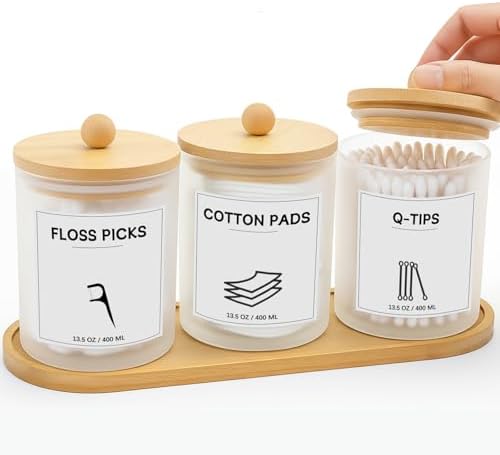 3Pack Glass Qtip Holder with Bamboo Tray, Cotton Ball Holder, 13.5 oz Apothecary Jars Bathroom Canisters with Lids, Bathroom Jars for Floss Picks, Cotton Swabs, Balls, Pads (Frosted)