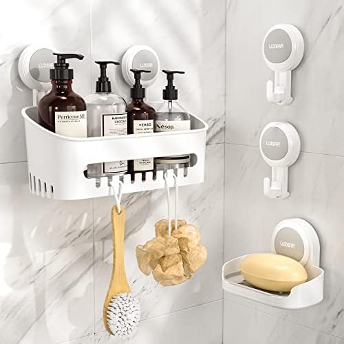 LUXEAR 4 Pack Shower Caddy Set - Suction Cup Shower Shelf+Soap Dish+Hooks - 1 Sec Installation NO-Drill Removable Powerful Waterproof Organizer for Bathroom/Kitchen/RV 22LBS Capacity Removable
