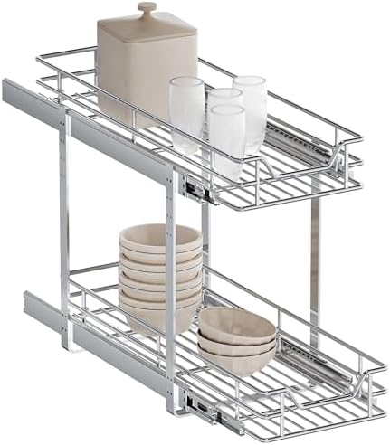 2-Tier Pull Out Cabinet Organizer, 10.5" W x 18" D, Heavy Duty Dual Slide Out Shelves for Narrow Base Cabinets, Chrome Wire Basket Drawer for Spices, Bottles & Snacks