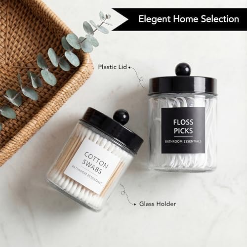 Amolliar Glass Apothecary Jars Qtip Holder w/Plastic Lids,Black 2pc