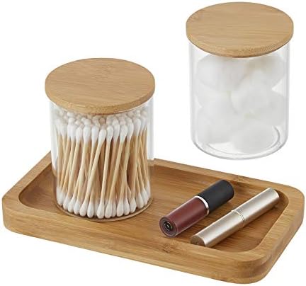 INIUNIK 2 Pack Glass Qtip Holder Dispenser with Bamboo Vanity Tray