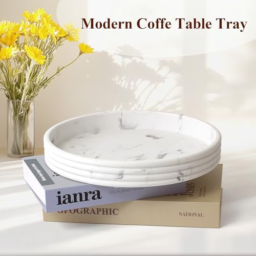 Round Decorative Tray, Modern Coffee Table Tray Decor 11" Resin White Tray