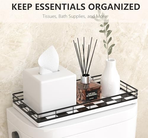 Toilet Paper Basket Organizer, Oak Wood Toilet Tank Tray with Metal Frame