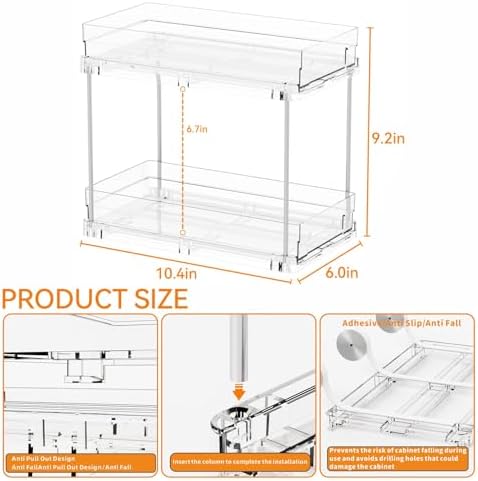2 Set,2 Tier Pull Out Cabinet Organizer for Supplement and Medication Bottle Organizers,10.4" Deep Pantry Organizers Drawer and Sliding Clear Under Sink Organizer for Bathroom Vanity and Under Counter