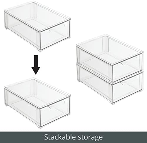 mDesign Plastic Stackable Bathroom Storage Organizer Bin Containers with Front Pull Drawer for Bathroom Countertop, Vanity, Closet Shelves - Holder for Beauty Accessories - Lumiere Collection - Clear