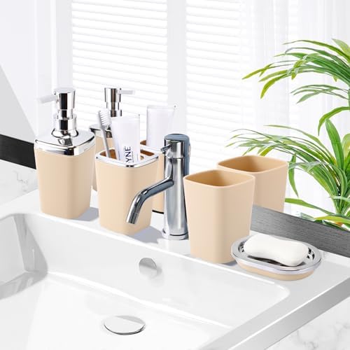 XLHOMO Beige Bathroom Set, Plastic 9-Piece Bathroom Set with Trash Can, Soap Dispenser, Toothbrush Holder, Toothbrush Cup, Soap Dish, Toilet Brush, Tray and Q-tip Holders for Bathroom/Housewarming