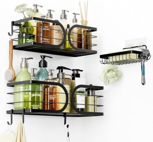 Shower Caddy 3 Pack with Soap Holder No Drill Wall Mounted 304 Stainless Steel Durable Large Capacity Adhesive Shower Rack Organiser Quick Dry Rustproof Bathroom Storage Shelves(Black)