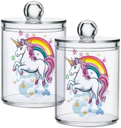 Fustylead 2 Pack Cute Unicorn with Rainbow and Stars Qtip Holder Dispensers, Bathroom Storage Canister Plastic Apothecary Jar Set for Cotton Swabs, Ball, Pads, Floss