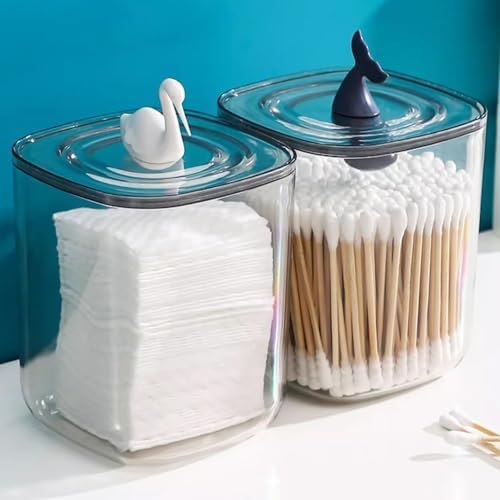 2 Pack Qtips Holder Dispenser,Cute animal shape Jar with Clear Lid Dustproof Cover,for Cotton Ball Swabs Round Pads Toothpick, Clear Plastic Jar Set for Bathroom Canister Storage Organization