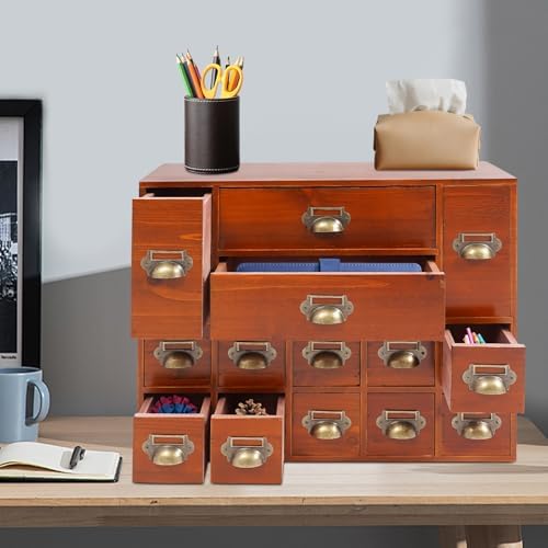 Apothecary Cabinet with 14 Drawers Library Card Catalog Cabinet Card Catalog Drawer with Metal Handles & Label Slot Wooden Desk Drawer Organizer for Herb Storage, Tea Collection (Old Brown)