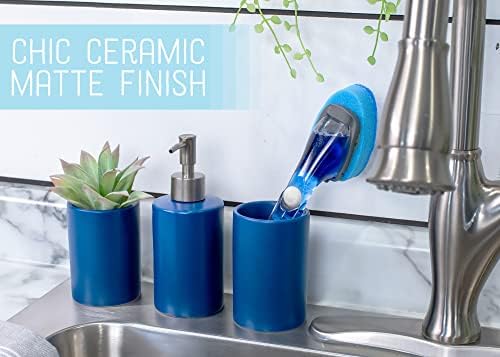 NAT & Jules Chic Modern Rounded 4.5 inch Ceramic Bathroom Accessories Set of 4 - Home Décor & Organization Perfect for Bath or Kitchen Household Essentials, Matte Blue
