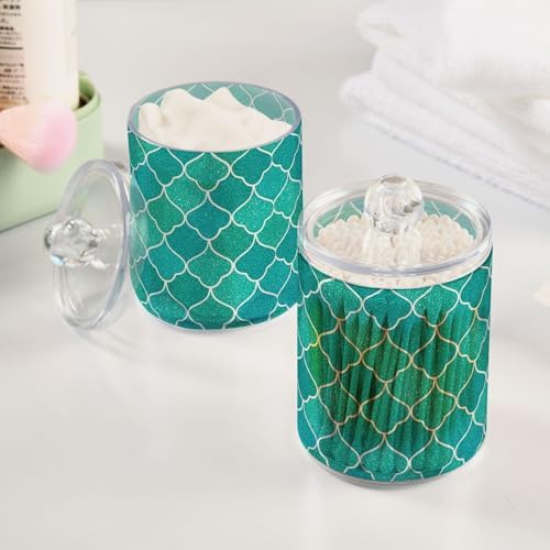 MNSRUU 2 Pack Qtip Holder Organizer Dispenser Glitter Teal Mermaid Scales Bathroom Storage Canister Cotton Ball Holder Bathroom Containers for Cotton Swabs/Pads/Floss