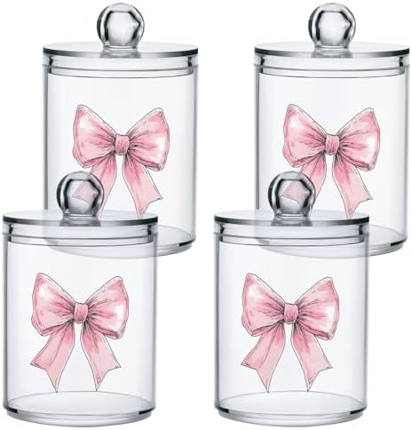Fustylead 4 Pack Hand Draw Pink Bow Sketch Plastic Apothecary Jar Set for Bathroom Storage, Qtip Holder Dispensers for Cotton Ball, Swab, Round Pads, Floss