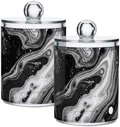 MNSRUU 2 Pack Qtip Holder Organizer Dispenser Black Marble Bathroom Storage Canister Cotton Ball Holder Bathroom Containers for Cotton Swabs/Pads/Floss